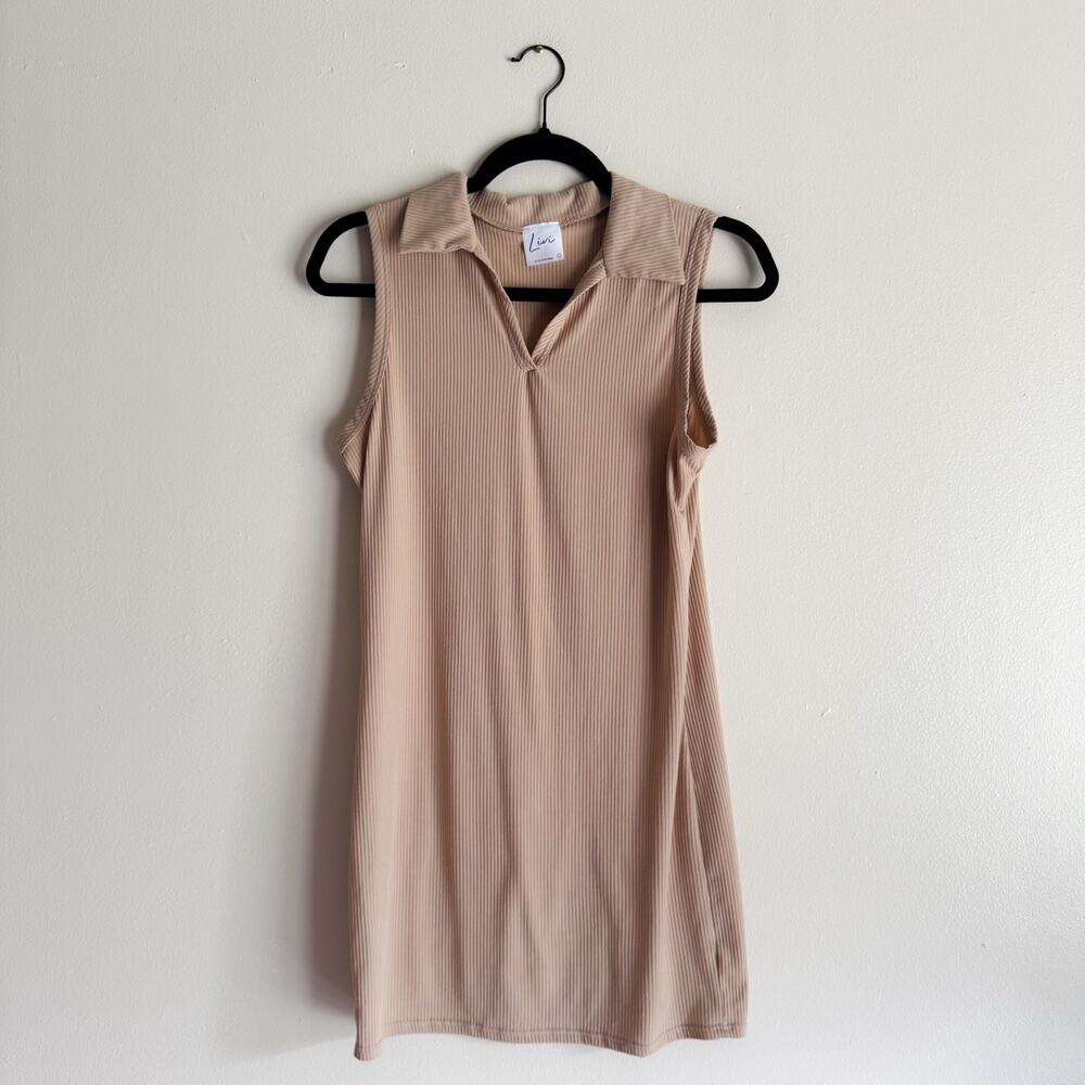 Livi Tan Beige Sleeveless Ribbed Collared V Neck Mini Dress - Large